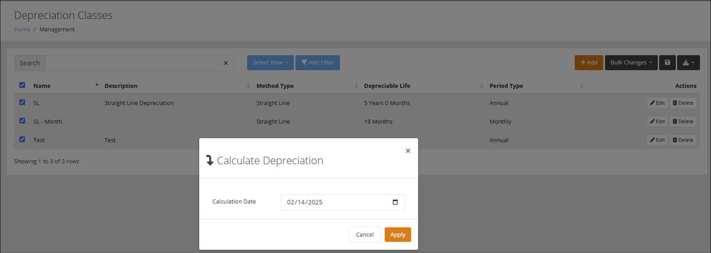 Calculate Depreciation popup over the Depreciation Classes page, with the Calculation Date field and the Apply button