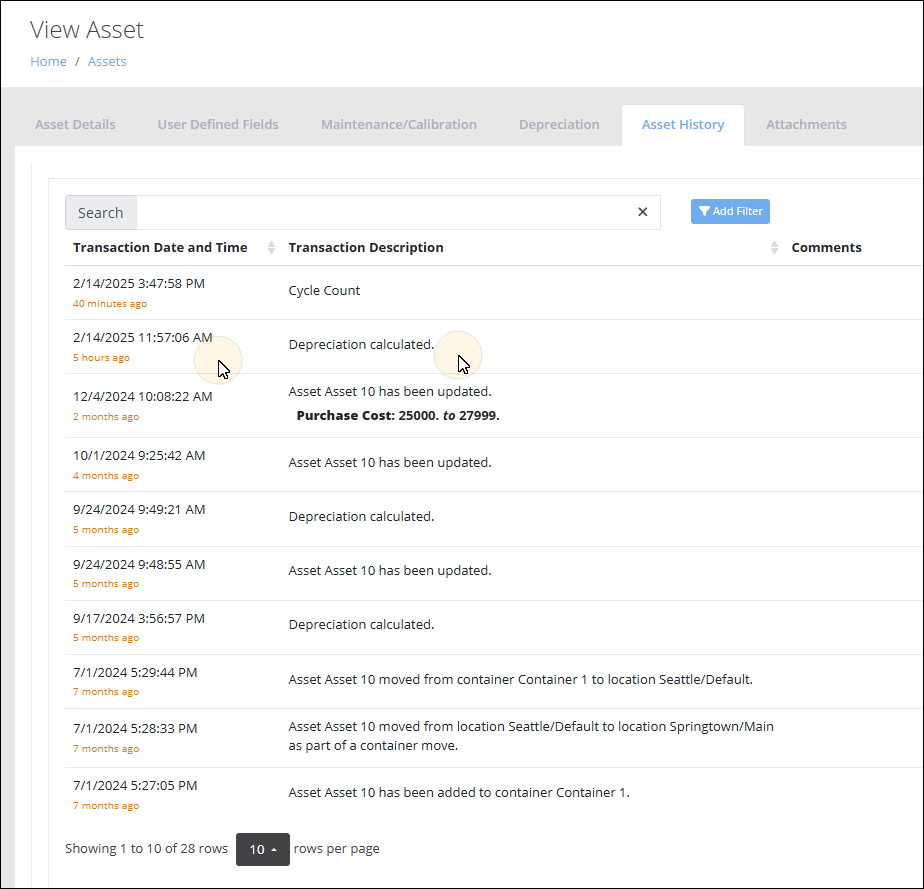 View Asset page, Asset History tab, with the pointer on a Depreciation calculated transaction in the history list