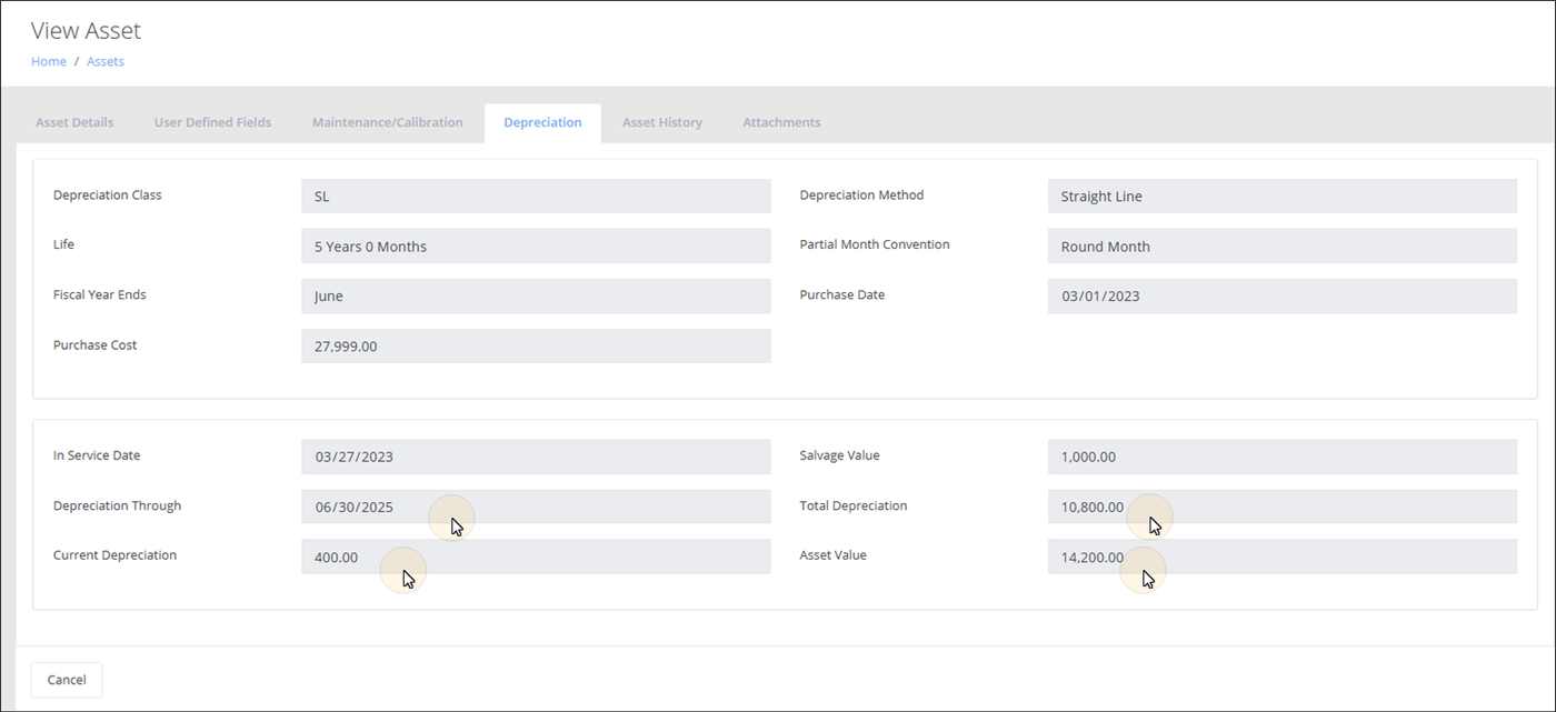 View Asset page, Depreciation tab, with the Depreciation Through, Current Depreciation, Total Depreciation and Asset Value fields highlighted