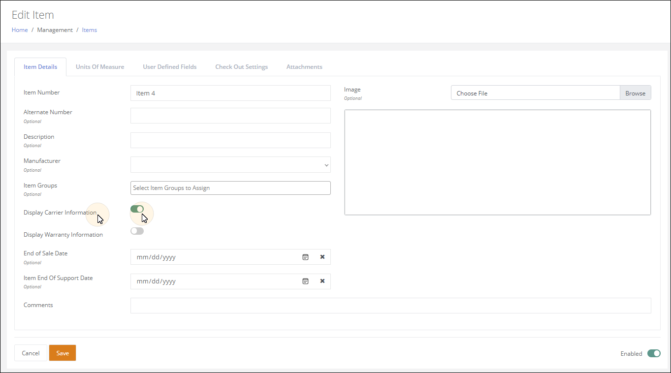 Edit Item page, Item Details tab, with the Display Carrier Information toggle switched on
