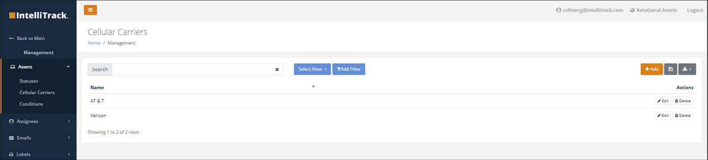 Cellular Carriers page opened from Assets > Cellular Carriers in the Management menu, listing two carriers