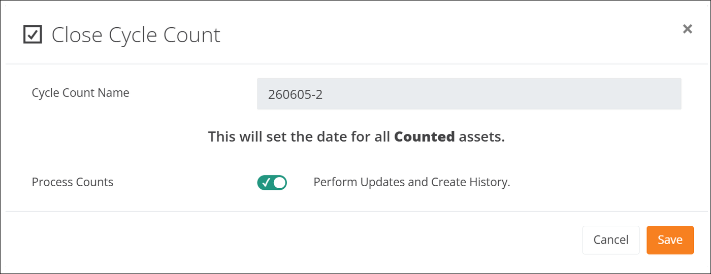 Close Cycle Count popup with the Cycle Count Name, the Process Counts toggle enabled for Perform Updates and Create History, and the Save button