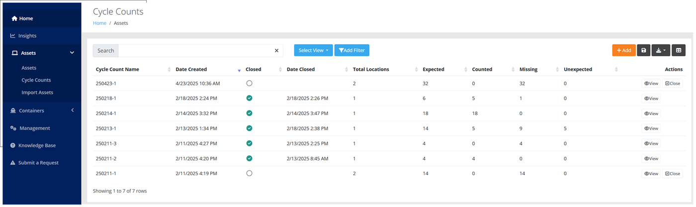 Cycle Counts page listing cycle counts with Expected, Counted, Missing and Unexpected totals and View and Close actions