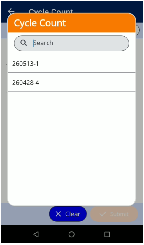 Cycle Count popup in IntelliTrack Mobile with a Search field and the list of cycle counts available for the site