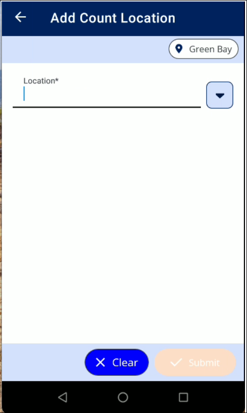 Add Count Location screen in IntelliTrack Mobile with an empty Location field, its drop-down button, and the Clear and Submit buttons