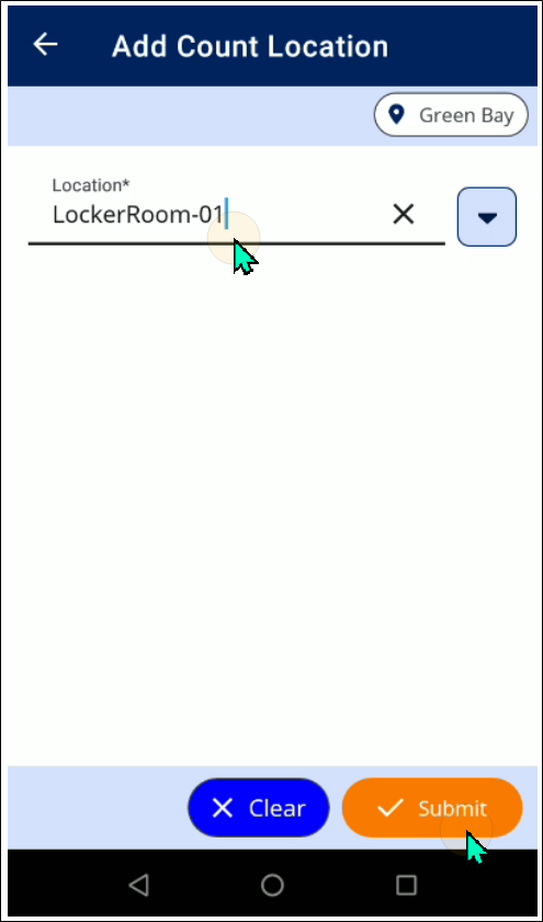 Add Count Location screen in IntelliTrack Mobile with a new location entered in the Location field and the pointer on Submit