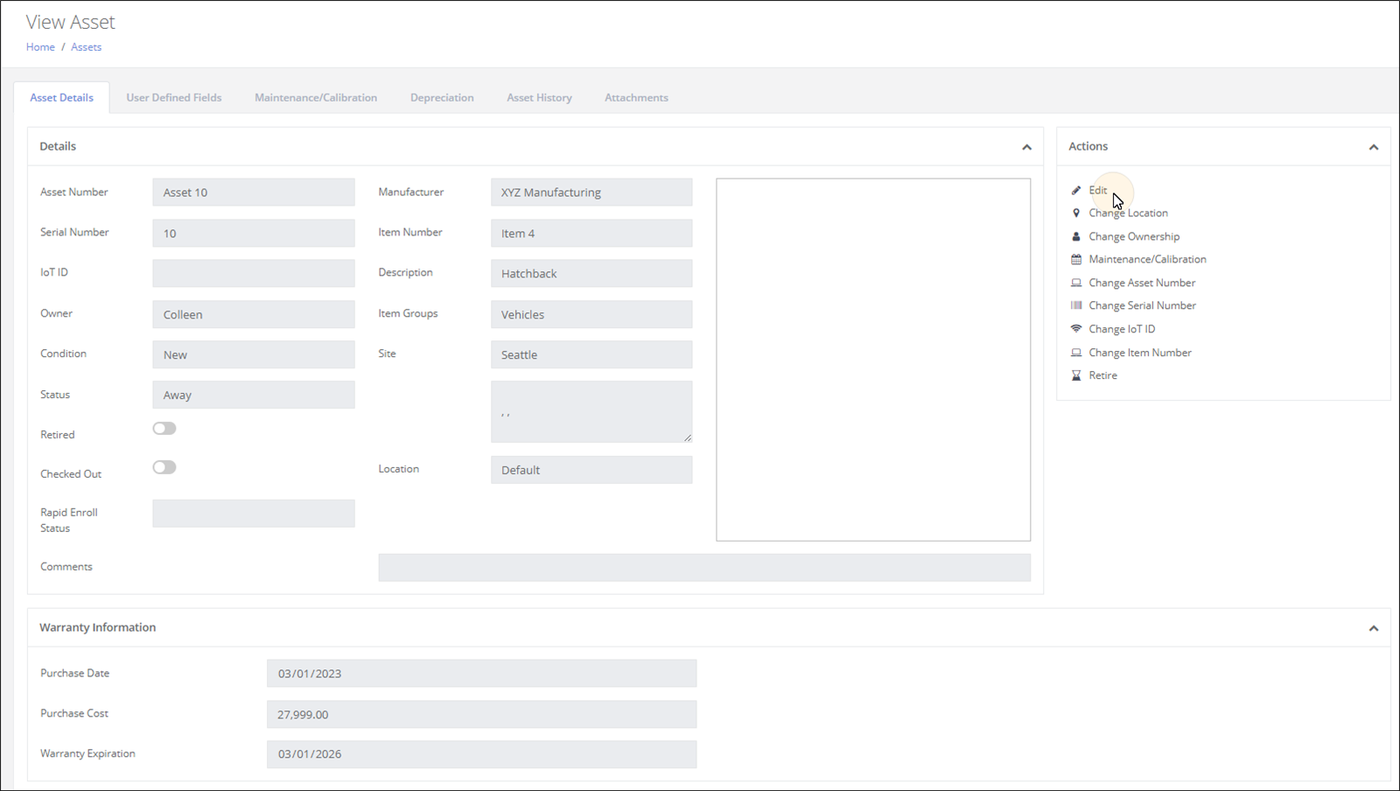 View Asset page on the Asset Details tab with the pointer on the Edit option at the top of the Actions pane