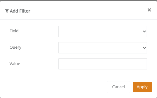 Add Filter popup with Field and Query drop-downs, a Value field and the Apply button