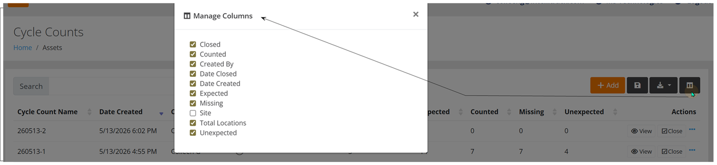 Manage Columns window over the Cycle Counts page, with an arrow from the Manage Columns button to the list of column check boxes