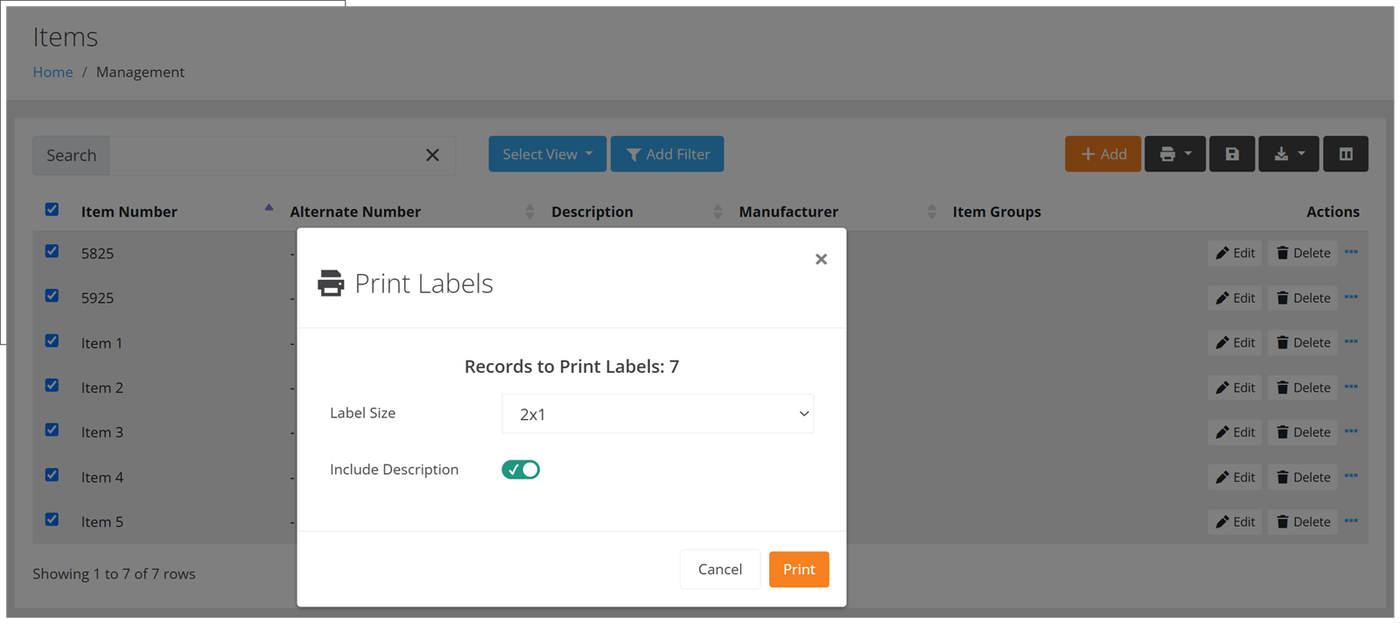 Print Labels popup over the Items page with Records to Print Labels, Label Size and the Include Description toggle enabled