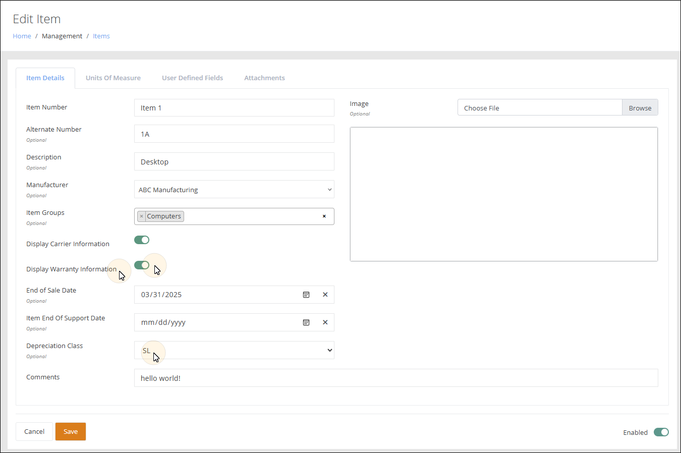 Edit Item page with the Display Warranty Information toggle enabled and a Depreciation Class selected
