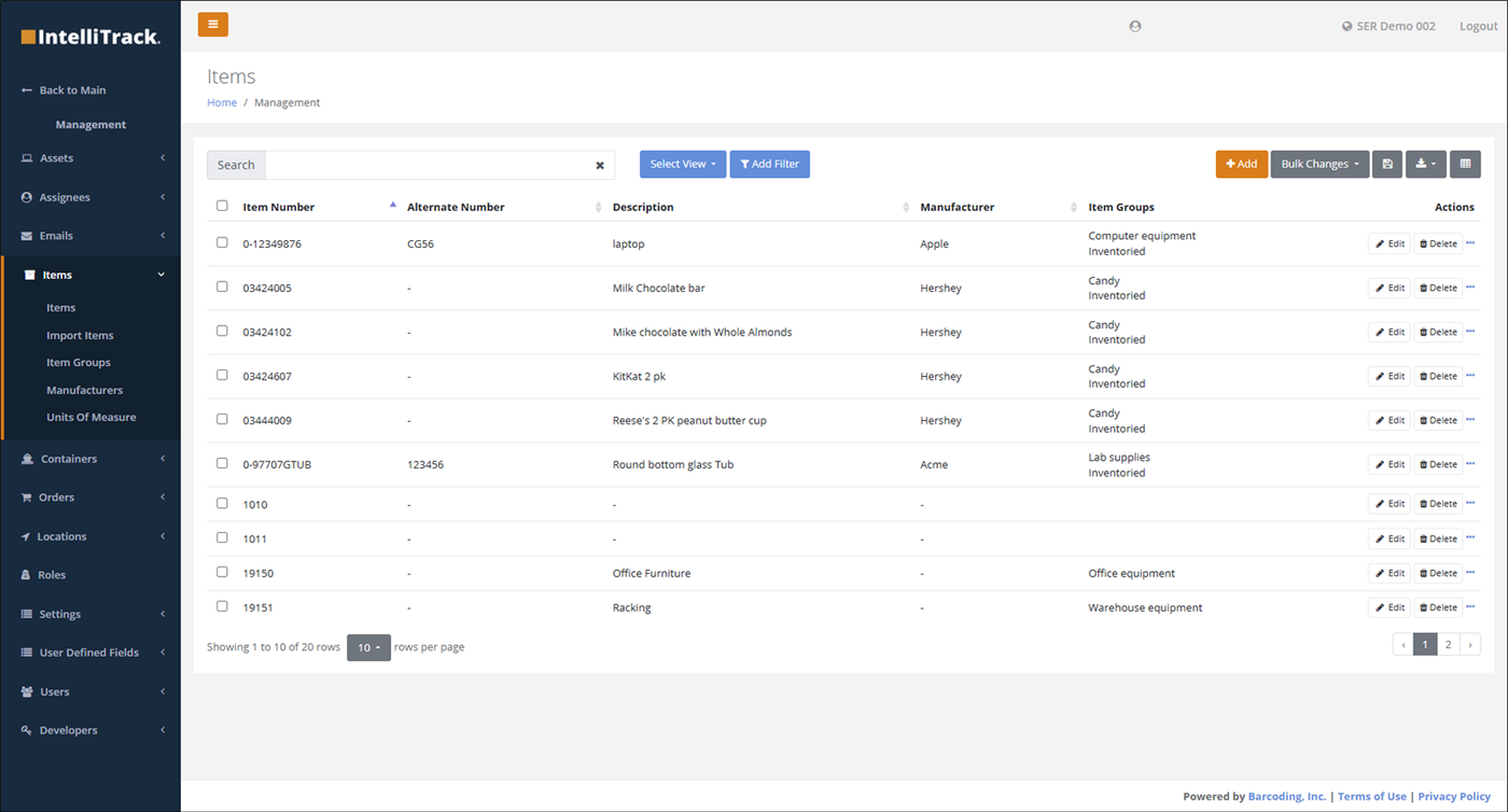 Items page opened from Management > Items > Items, listing Item Number, Alternate Number, Description, Manufacturer and Item Groups with Edit and Delete actions