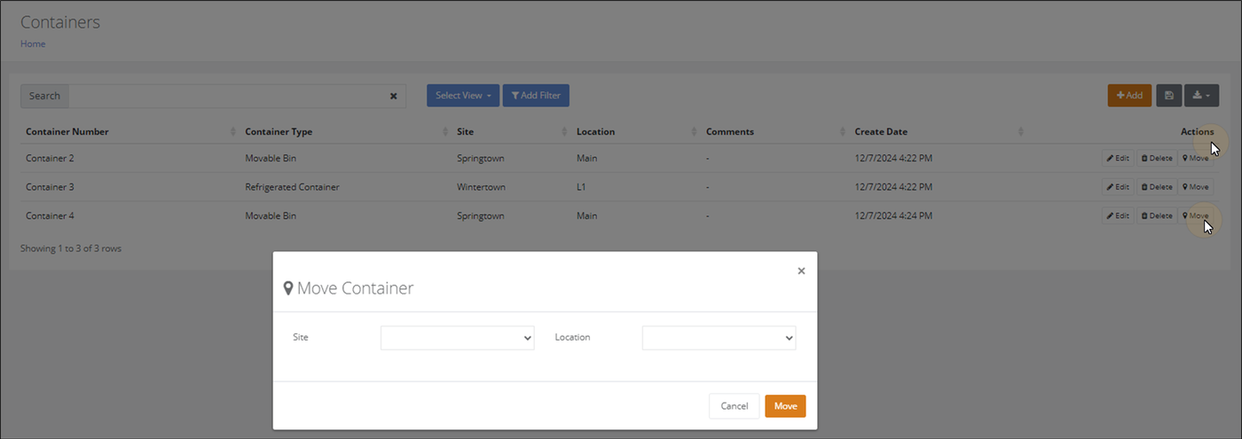 Move Container popup with Site and Location drop-downs and the Move button, opened from the Move button in the Containers page Actions column