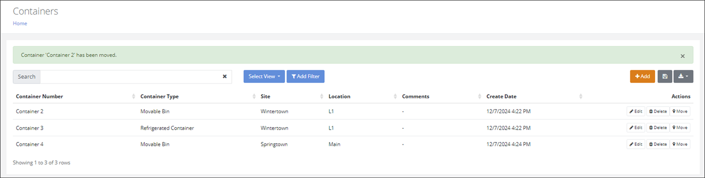 Containers page with the message Container 'Container 2' has been moved above the container list