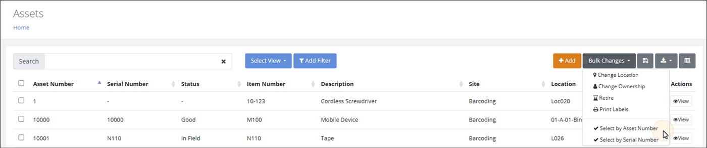 Assets page with the Bulk Changes menu open and the pointer on the Select by Asset Number option