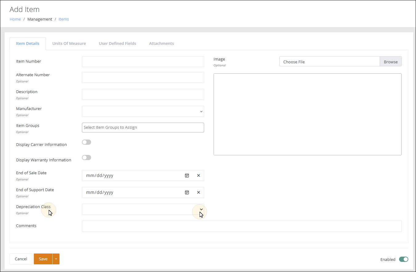 Add Item page, Item Details tab, with the Depreciation Class field and its drop-down arrow highlighted
