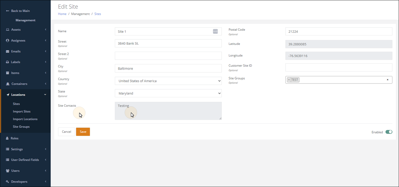 Edit Site page with the site address fields and the Site Contacts field highlighted