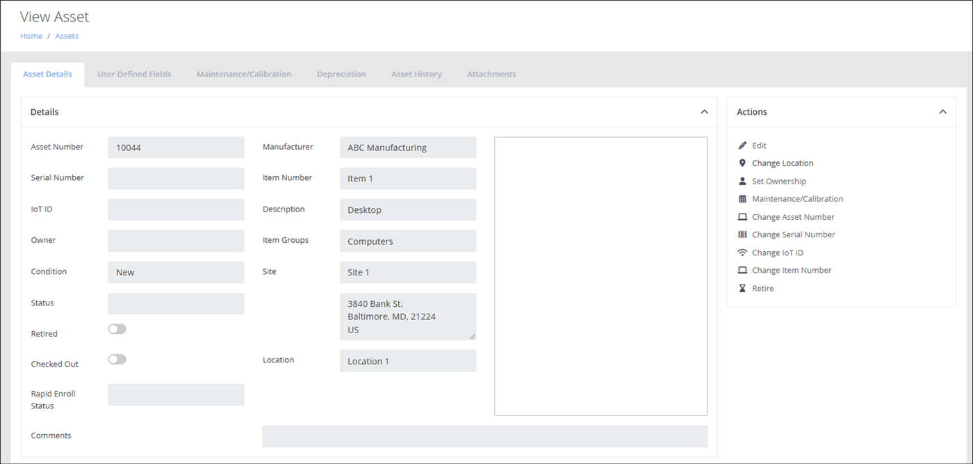 View Asset page, Asset Details tab, showing the asset's details and the Actions list including Edit
