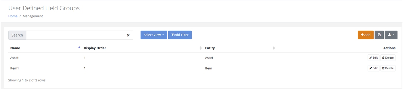 User Defined Field Groups page listing Asset and Item groups with Display Order, Entity and the Add button