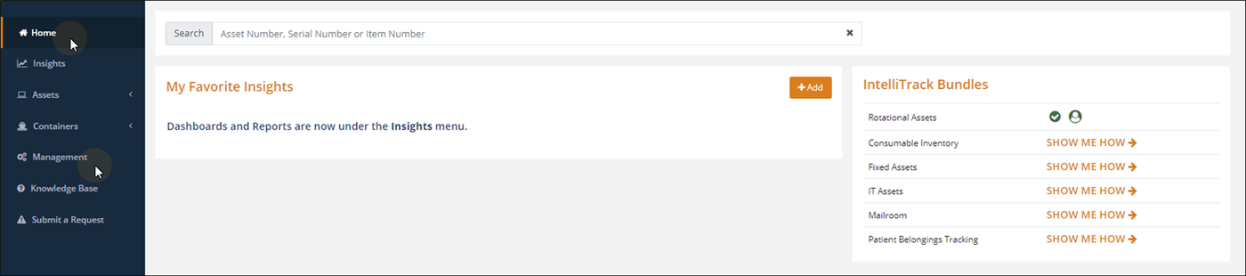 IntelliTrack Home page with the Management option selected in the left menu