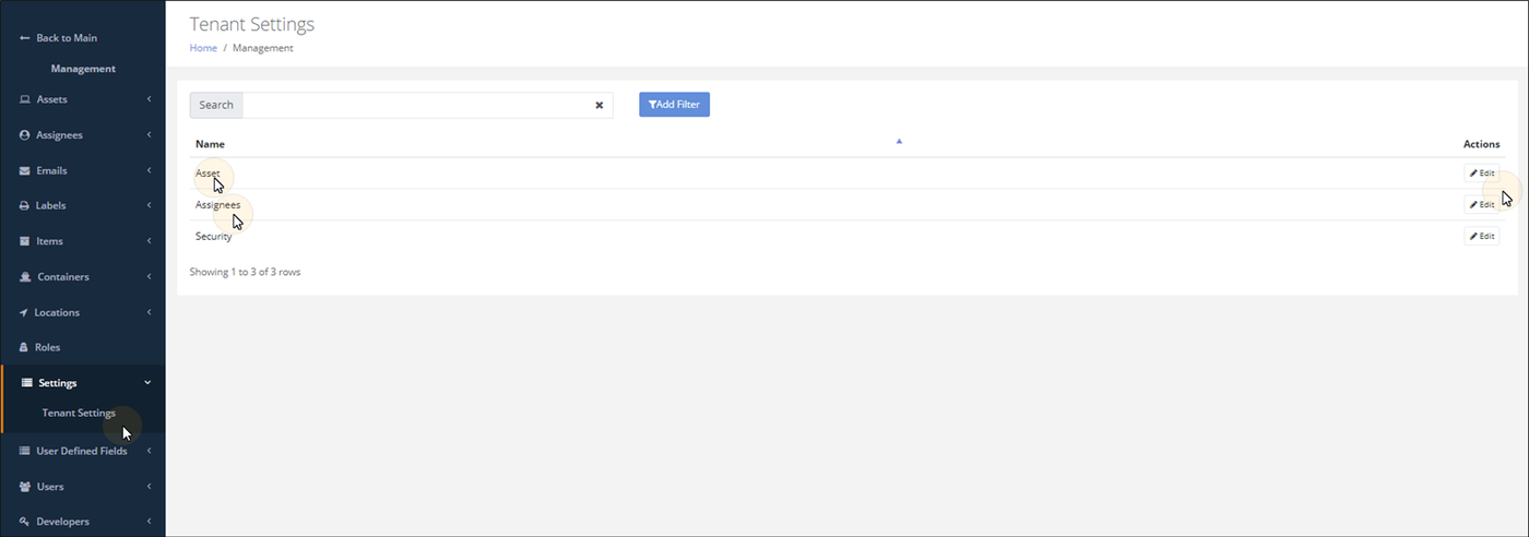 Tenant Settings page opened from Management > Settings > Tenant Settings, listing Asset, Assignees and Security with Edit buttons