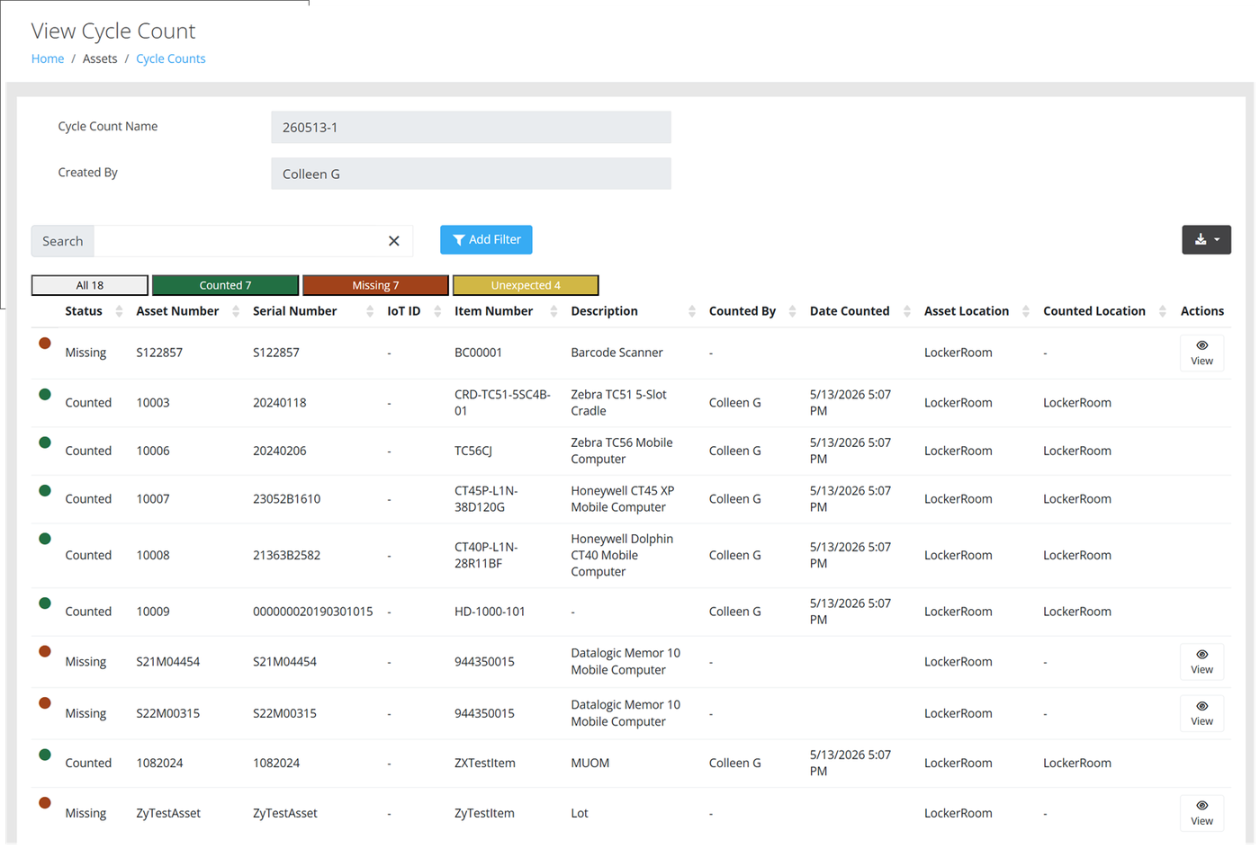 View Cycle Count page with All, Counted, Missing and Unexpected filter tabs above a grid of assets showing each one's count status and location
