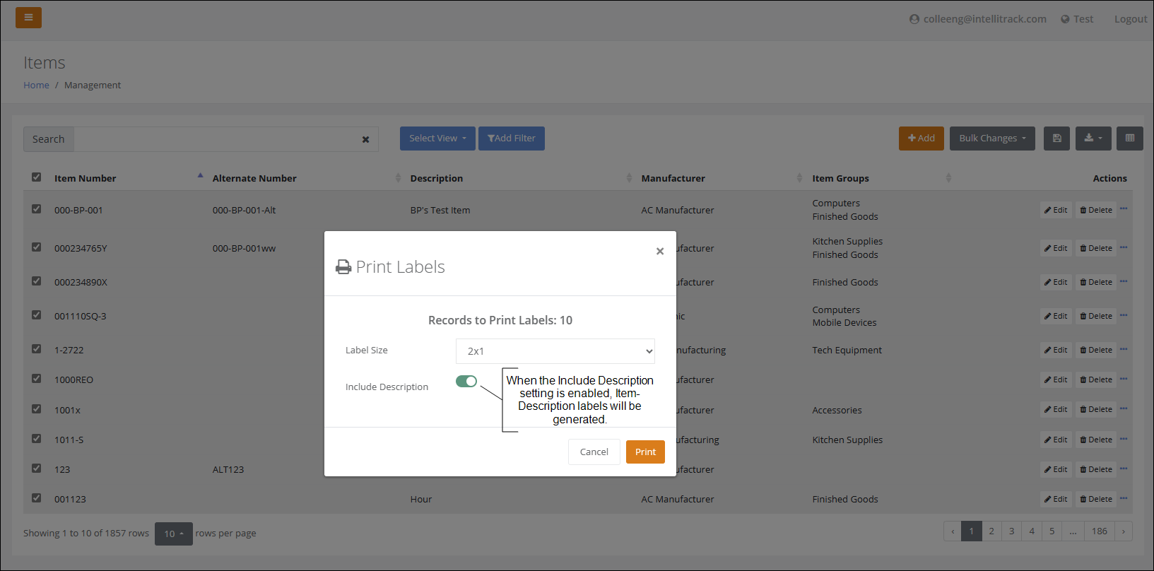 Print Labels popup on the Items page with the Include Description setting enabled