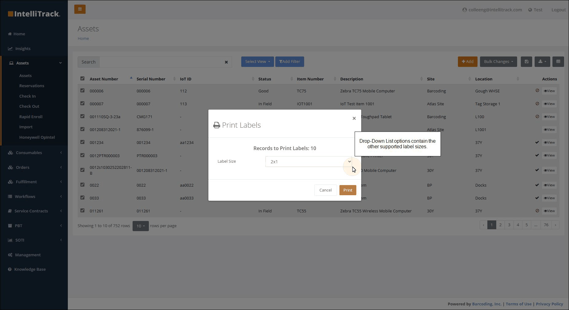 Print Labels popup showing 10 records to print and the Label Size drop-down list set to 2x1