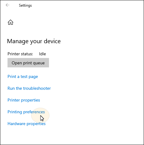 Windows Manage your device screen for a printer, with the pointer on Printing preferences