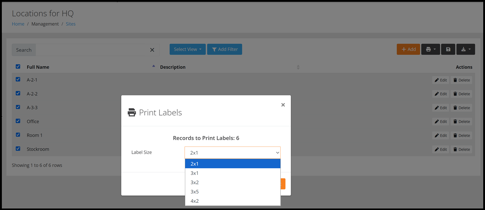 Print Labels popup with the Label Size drop-down list open
