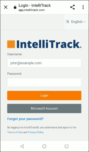 Login - IntelliTrack screen with Username and Password fields and the Login and Microsoft Account buttons