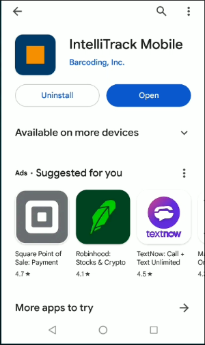 IntelliTrack Mobile Play Store page with the Uninstall and Open buttons after installation