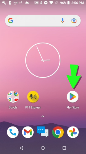 Android Home screen with an arrow pointing to the Play Store icon