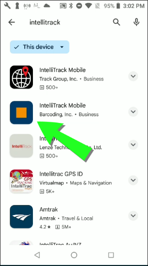 Play Store search results listing several IntelliTrack apps, with an arrow pointing to IntelliTrack Mobile by Barcoding, Inc.