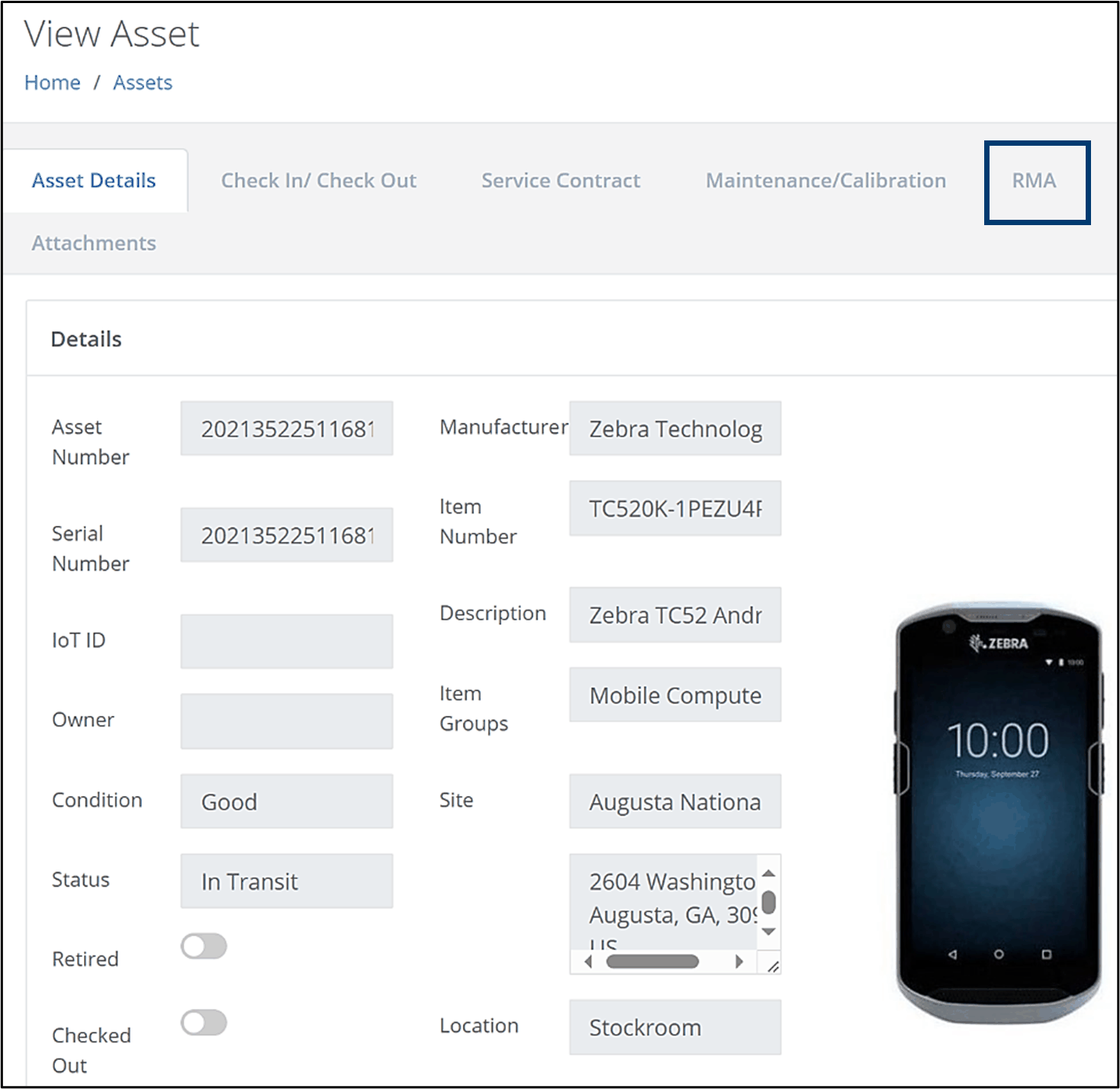 View Asset page with the RMA tab highlighted