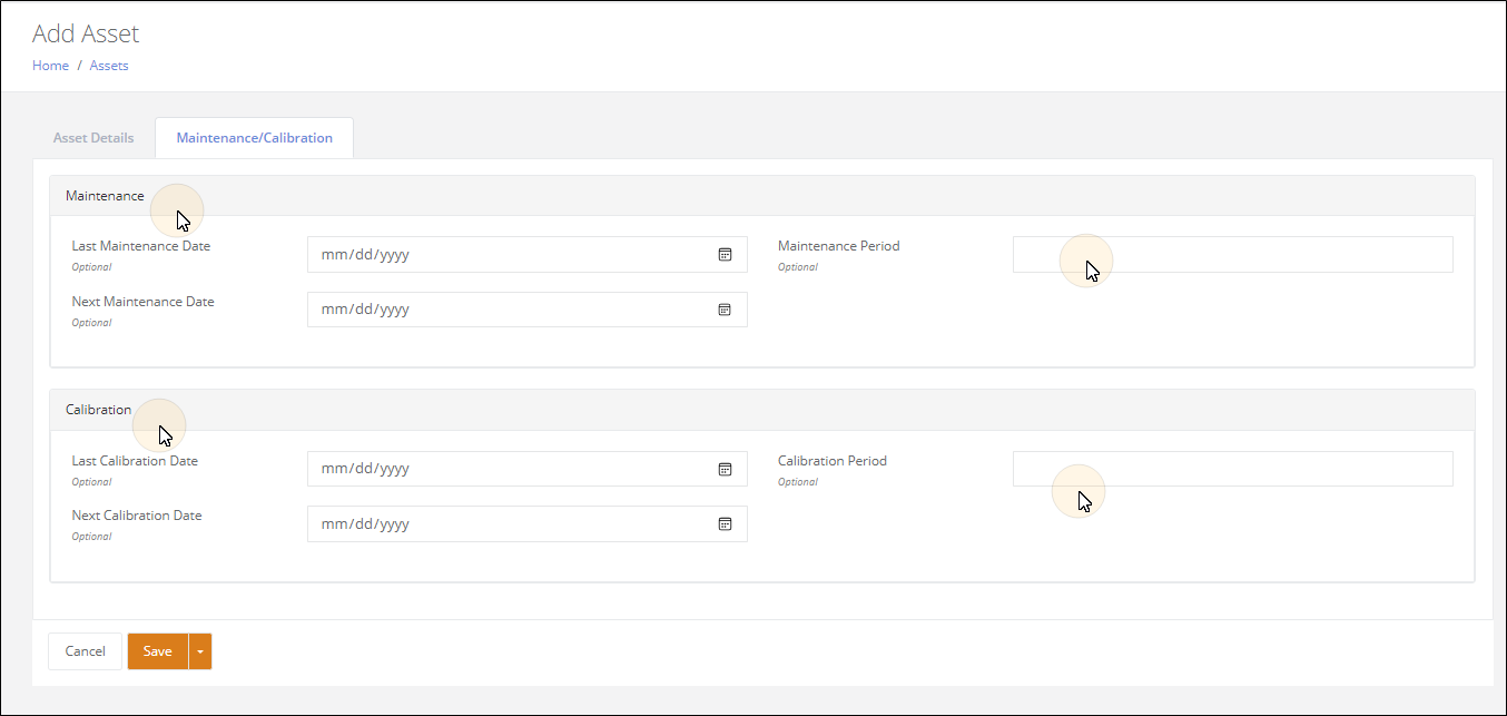 Add Asset page Maintenance/Calibration tab with Last and Next Maintenance and Calibration Dates and Period fields