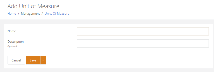 Add Unit of Measure page with a Name field and an optional Description field, plus Cancel and Save buttons