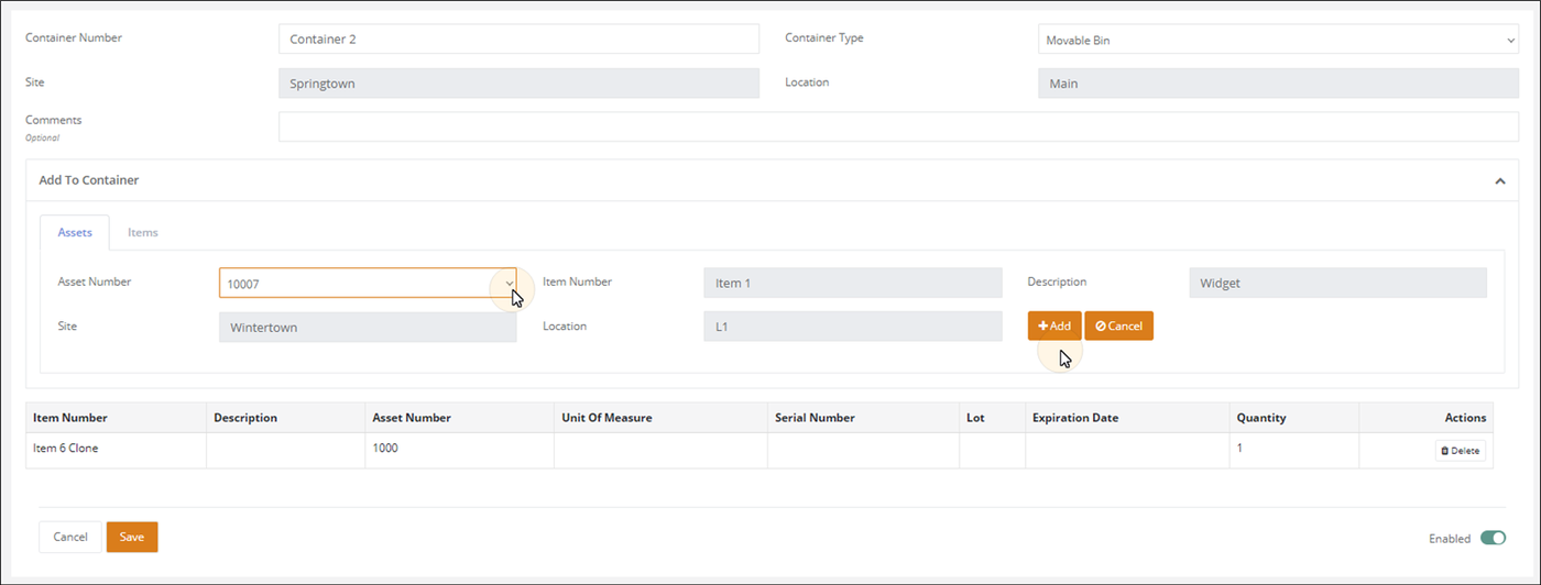 Asset selected in the Add To Container Asset Number drop-down, its item details filled in, with the cursor on Add