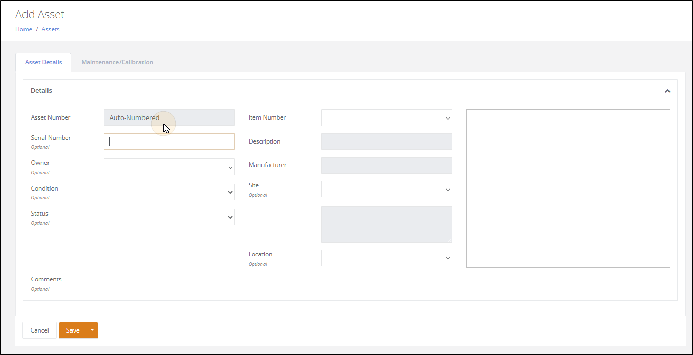 Add Asset page in an auto-numbering tenant, with the Asset Number field read-only and showing Auto-Numbered