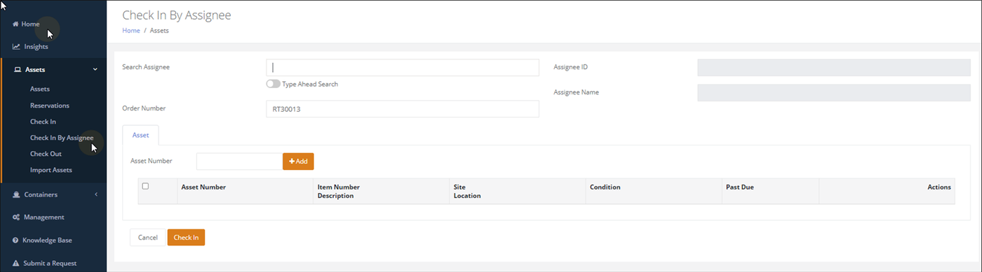Empty Check In By Assignee page with the Search Assignee field, Type Ahead Search toggle and a generated Order Number