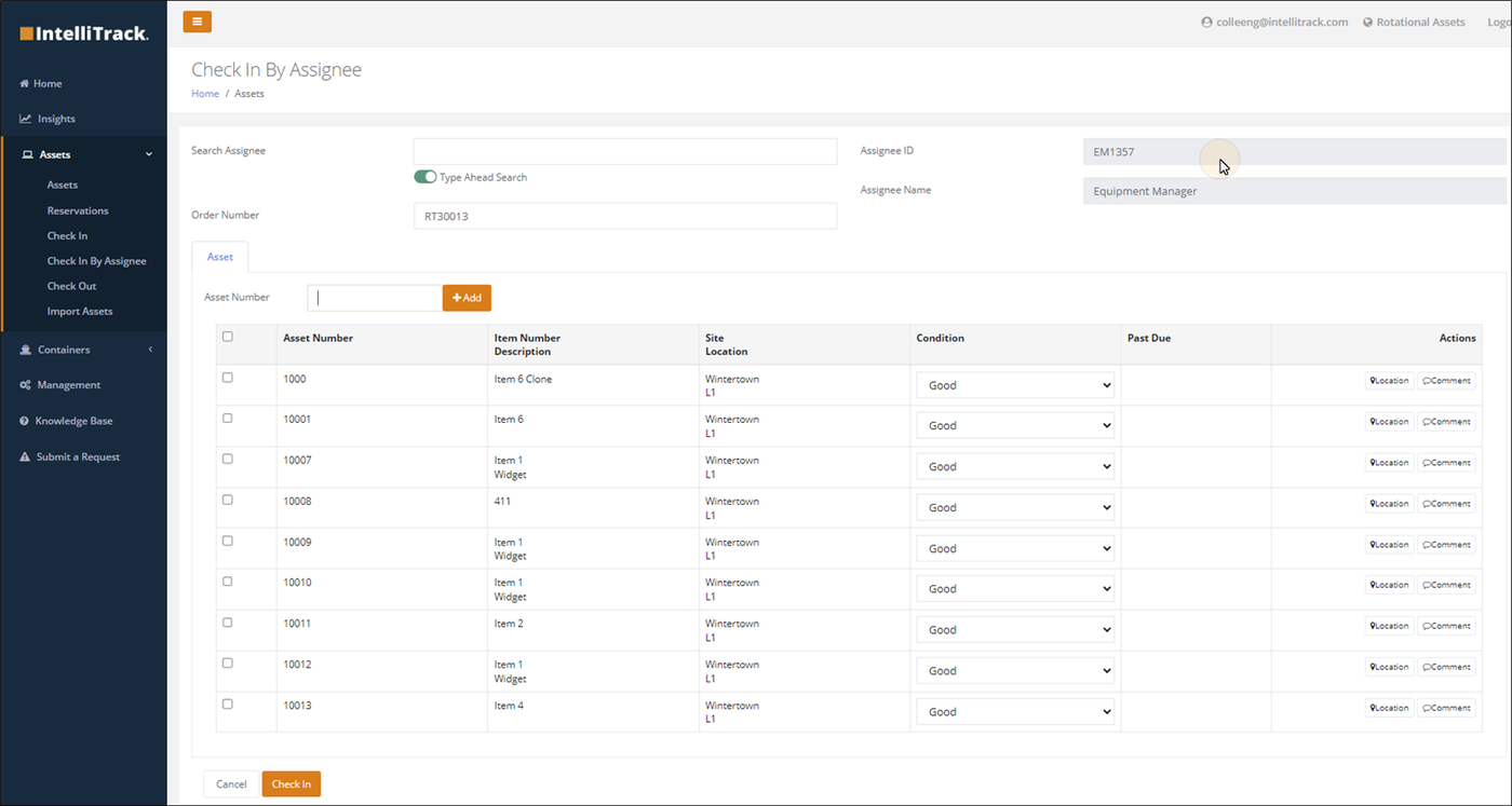 Check In By Assignee page populated with the assets checked out to the selected assignee, each with an unmarked checkbox