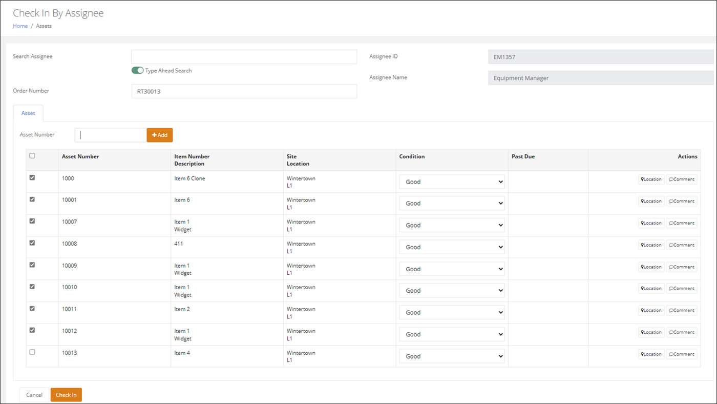 Check In By Assignee grid with every asset to return marked, ready to press the Check In button