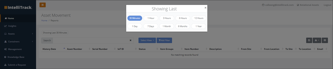 Asset Movement report with the Showing Last popup open, offering time frames from 30 Minutes to 1 Year, 30 Minutes selected