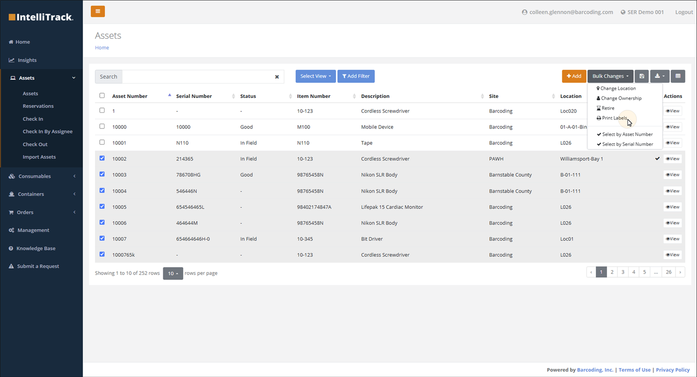 Bulk Changes menu open on the Assets page with the cursor on Print Labels