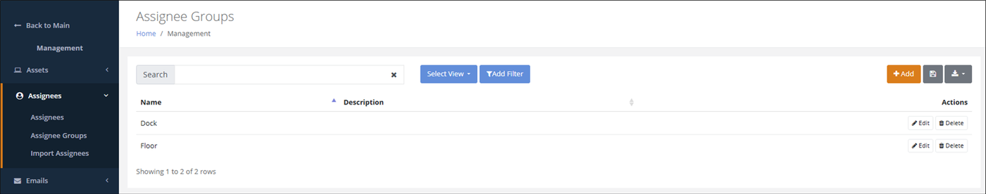 Assignee Groups page opened from Management > Assignees, listing the Dock and Floor groups with an Add button