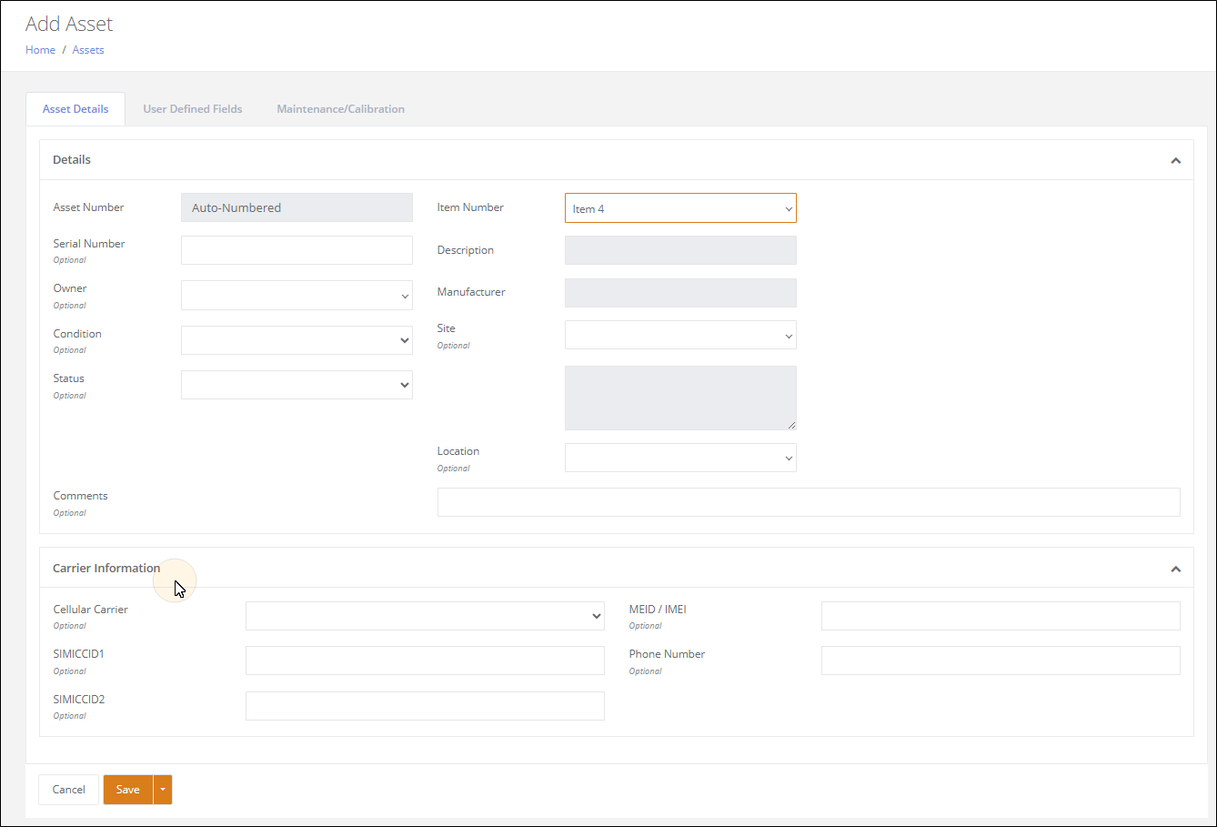 Add Asset page with a Carrier Information section showing Cellular Carrier, SIMICCID1, SIMICCID2, MEID / IMEI and Phone Number fields