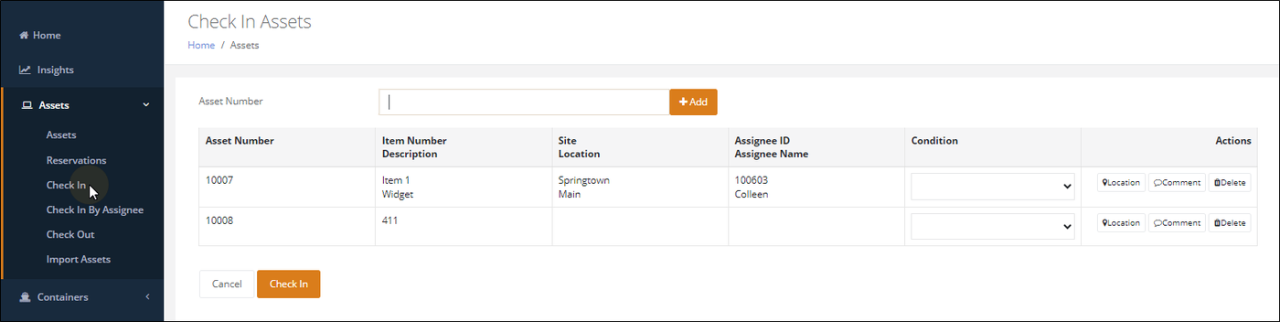Check In Assets page with two assets added to the grid, each with a Condition drop-down and Location, Comment and Delete buttons