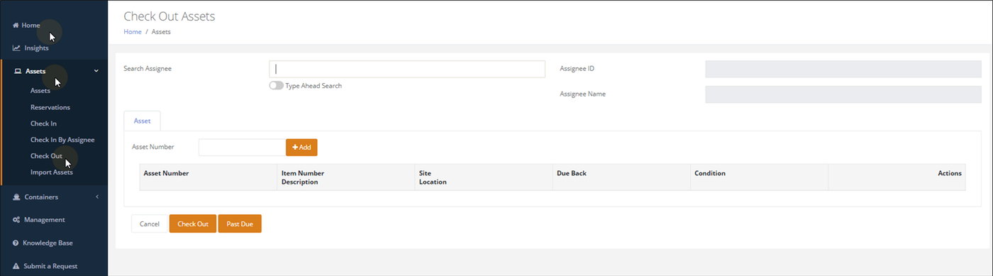 Empty Check Out Assets page reached from Assets > Check Out, with Search Assignee, Asset Number, Check Out and Past Due buttons