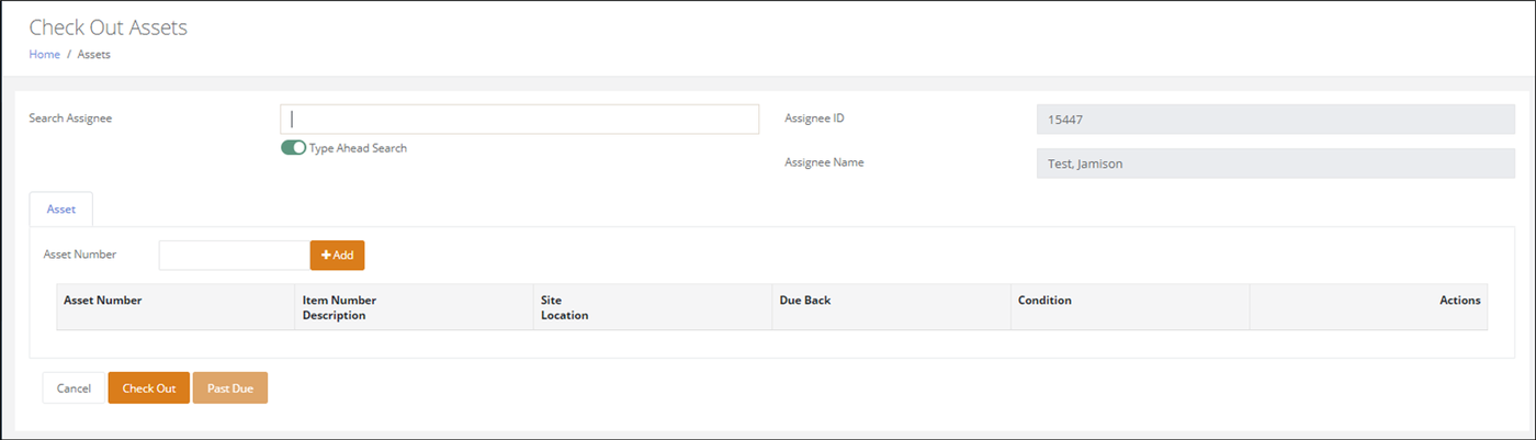 Check Out Assets page with the selected assignee's Assignee ID and Assignee Name filled in