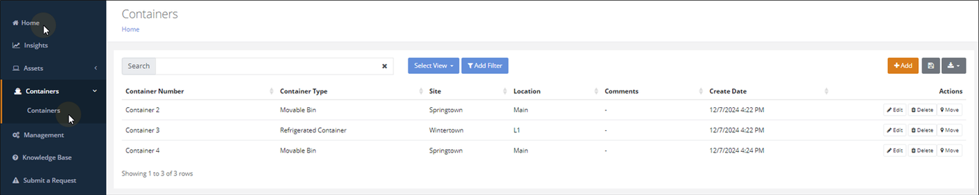 Containers page reached from Containers > Containers, listing containers with Edit, Delete and Move buttons